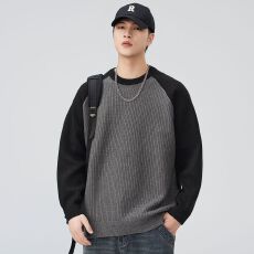 批发秋冬装重磅皮撞色针织毛衣<b class='q'>男</b>士日系潮流百搭宽松休闲懒惰风毛织