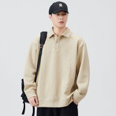 批发秋冬装Polo衫卫衣男日系宽松纯色提花复古外套百搭休闲<b class='q'>长袖</b><b class='q'>T</b>恤衫
