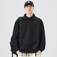 批发秋冬装新款翻领卫衣男拼接结构款纯色<b class='q'>日系</b><b class='q'>复古</b>潮流宽松打底衫