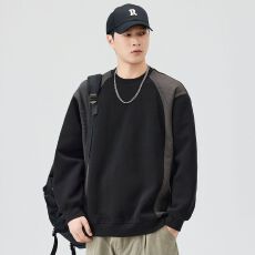 批发秋冬装圆领拼色拼接卫衣男<b class='q'>日系</b>简约宽松纯色<b class='q'>复古</b>百搭休闲体恤上衣