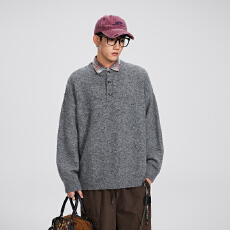 批发秋冬装新款潮牌圈圈纱松弛感亨利领套头毛衣外套含绵羊毛<b class='q'>针织衫</b>