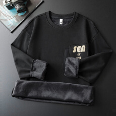 批发冬季加绒保暖卫衣<b class='q'>男</b>宽松百搭纯棉圆领套头加厚锁温打底卫衣