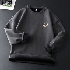 批发冬季加绒保暖日系潮牌卫衣<b class='q'>男</b>圆领复古套头百搭刺绣加厚锁温打底