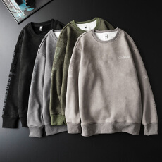 加绒加厚潮牌麂皮绒印花卫衣男宽松百搭冬季保暖锁温套头上衣