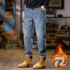 冬季加绒保暖休闲百搭简约刺绣牛仔裤男宽松加厚锁温微锥直筒裤