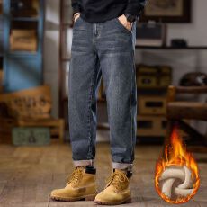 冬季加绒加厚牛仔裤男士微锥小直筒简约百搭保暖锁温御寒牛仔裤