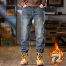 加绒加厚冬季新款宽松哈伦牛仔裤男士微锥小直筒保暖锁温牛仔裤