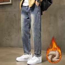 加绒加厚冬季新款牛仔裤男宽松日系哈伦直筒男士锁温保暖牛仔裤