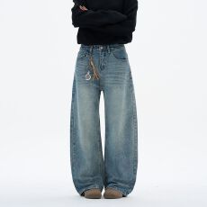 批发美式复古解构水洗廊形弯刀牛仔裤男女中性款阔腿宽松垂感休闲裤子