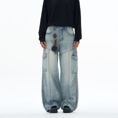 美式重磅水洗复古潮牌做旧多口袋工装牛仔裤男宽松直筒阔腿休闲裤