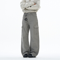 美式高街多口袋弯刀工装裤男女设计宽松直筒褶皱休闲潮牌水洗长裤