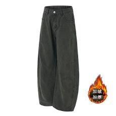 冬季加绒加厚阔腿多口袋工装裤男女直筒宽松小众设计感休闲弯刀裤