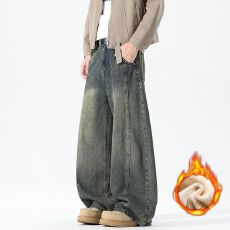 批发冬季加绒加厚潮牌弯刀牛仔裤男半松紧腰纽扣款保暖锁温御寒阔腿裤