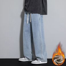 批发冬季加绒加厚牛仔裤男宽松阔腿拖地裤男潮流简约百搭保暖锁温裤子