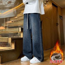 加绒加厚冬季保暖牛仔裤男宽松直筒松紧腰水洗马骝潮流百搭休闲裤