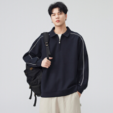 批发实拍新款纯棉品质半拉链卫衣<b class='q'>男</b>宽松百搭翻领长袖Polo衫<b class='q'>体恤</b>