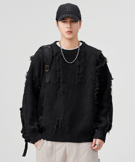 실사 가을 겨울 새로운 조수 브랜드 찢어진 부분 라운드 넥 스웨터 남성 루즈핏 다용도 게으른 바람 두꺼운 니트 스웨터