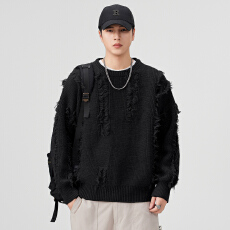 实拍秋冬新款潮牌破洞圆领毛衣男士宽松百搭懒惰风加厚针织衫