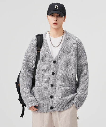 실사 가을 겨울 새로운 조수 브랜드 V넥 오픈 가디건 스웨터 남성 루즈핏 다용도 오래된 돈 바람 미니멀리즘 두꺼운 니트 스웨터