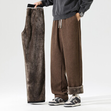 批发冬季加绒保暖灯芯绒复合黑金羊羔绒直筒休闲裤男加厚锁温卫裤