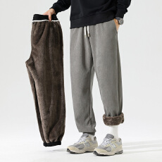 批发冬季加绒保暖灯芯绒复合黑金羊羔绒松紧腰束脚休闲卫裤男加厚锁温