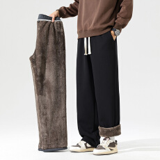 批发冬季保暖加绒华棉复合黑金羊羔绒直筒休闲裤男加厚锁温御寒卫裤