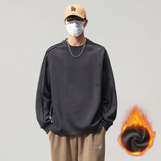 加绒加厚冬季新款纯棉拼接卫衣男宽松圆领套头打底锁温长袖t恤