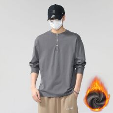 批发冬季加绒加厚保暖纯棉长袖体恤潮流半开衫圆领打底锁温<b class='q'>大码</b>T恤衫
