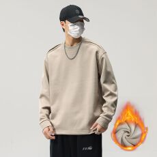 批发冬季加绒保暖纯棉卫衣男简约拼接长袖T恤宽松大码加厚锁温打底