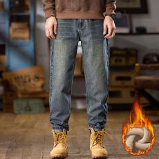 加绒加厚冬季新款宽松哈伦牛仔裤男士微锥小直筒复古保暖牛仔裤
