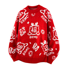 贺岁款红色喜庆发财满印圆领毛衣男冬季加厚保暖针织衫情侣线衣
