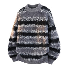 冬季新款潮牌圆领条纹毛衣男士宽松百搭懒惰风加厚毛绒针织衫上衣