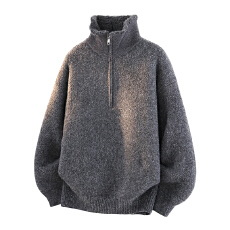 冬季加绒加厚保暖毛衣男士宽松百搭翻领半拉链针织衫套头毛织卫衣