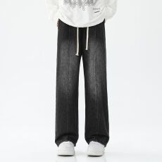 批发实拍2026春季新款牛仔裤男宽松直筒松紧腰系绳拼接潮流百搭长裤子