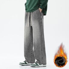 批发冬季加绒加厚保暖新款牛仔裤男宽松直筒松紧腰系绳拼接百搭长裤