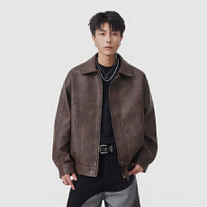 实拍秋冬新款潮牌拼接皮衣男宽松百搭男女中性款韩版夹克外套