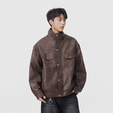 实拍秋冬新款潮牌复古工装皮衣男宽松百搭中性款韩版夹克外套