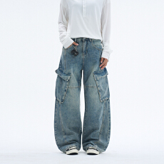 美式水洗复古多口袋工装牛仔裤男女宽松直筒潮牌休闲阔腿拖地裤子