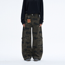 美式复古水洗迷彩弯刀休闲裤子男女宽松cleanfit阔腿多口袋工装裤