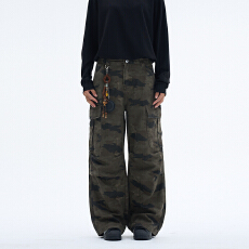 美式复古水洗迷彩休闲裤子男女直筒宽松cleanfit阔腿多口袋工装裤