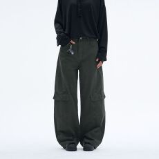 美式复古水洗做旧多口袋拼接剪裁工装裤男女宽松直筒弯刀休闲裤子