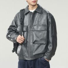 批发新国标90绒皮衣羽绒服男美式嘻哈外套潮牌宽松夹绒复古翻领皮衣