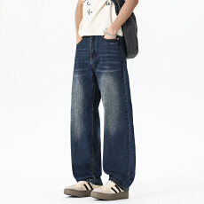 美式复古做旧牛仔裤男潮牌水洗蓝阔腿裤子高街百搭休闲直筒长裤