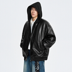 冬装新款PU棉衣男连帽宽松版型休闲加厚假两件皮衣棉服棉袄外套