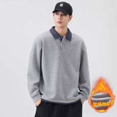 批发冬季加绒加厚肌理感格子领卫衣假两件撞色翻领上衣美式拼接长袖