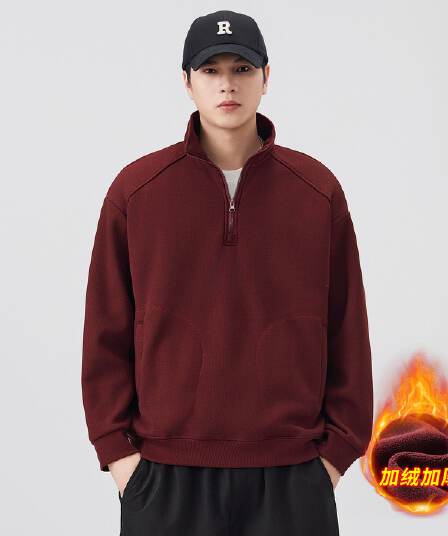 하프 지퍼 후드티 남자 겨울 보온 털이 있고 두꺼운 루즈핏 풀오버 스탠드 칼라 기본 셔츠