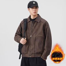 批发冬季加厚保暖美式复古翻领皮衣内里加绒御寒外套男水洗PU皮