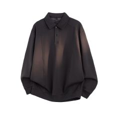 批发加绒加厚保暖翻领卫衣男拼接结构款纯色日系复古潮流宽松打底衫