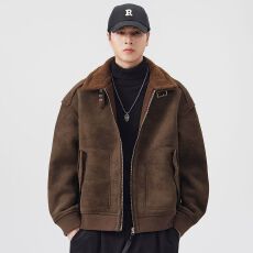 批发冬季新款棉衣男士日系复古立领宽松羊羔毛皮毛一体棉服外套