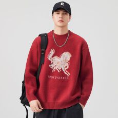 批发马年图案提花圆领针织衫男士秋冬季新款重磅宽松百搭休闲情侣毛衣